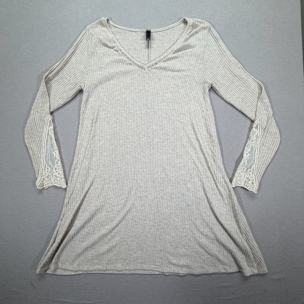 ALYA Women Tunic Top Relaxed Beige Ribbed Knit Lace Cuff V-Neck Large